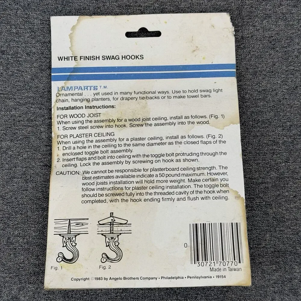 Vintage 1980s Angelo White Decorative Ceiling Swag Hooks NOS Item 70770 USA